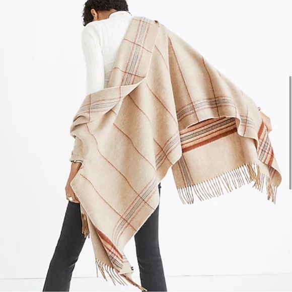 Tan Wool Madewell Tan and Red Plaid Scarf Shawl - Picture 11 of 12